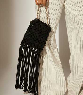 South Beach Black Woven Fringed Crossbody Bag