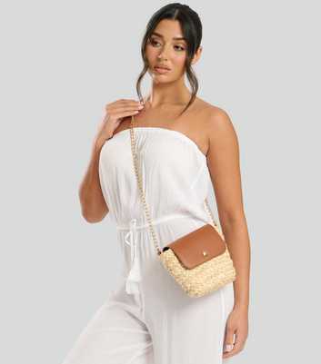 South Beach Camel Mini Straw Chain Crossbody Bag