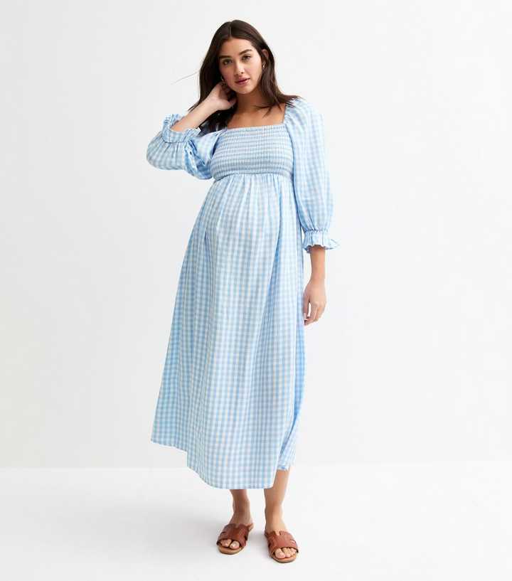 Maternity Blue Gingham Print Midi Dress