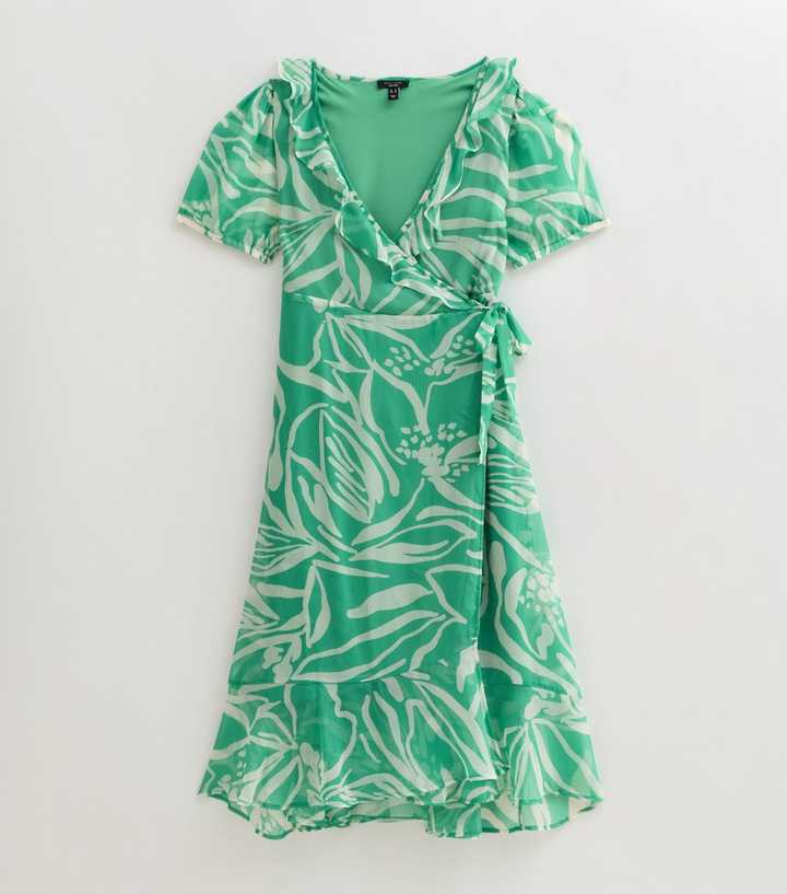 Curves Green Leaf Print Chiffon Midi Wrap Dress