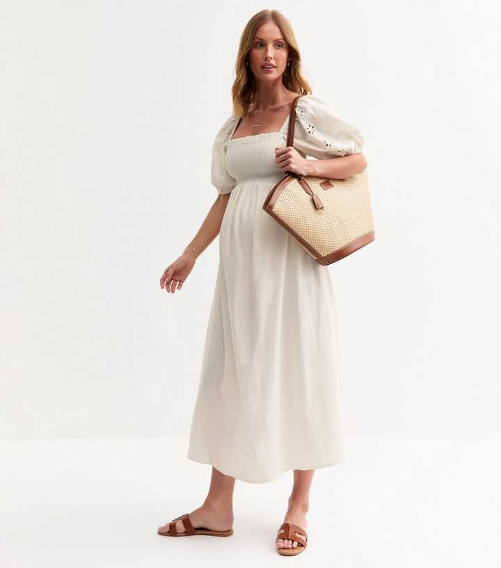 Maternity Cream Floral Broderie Anglaise Puff Sleeve Midi Dress