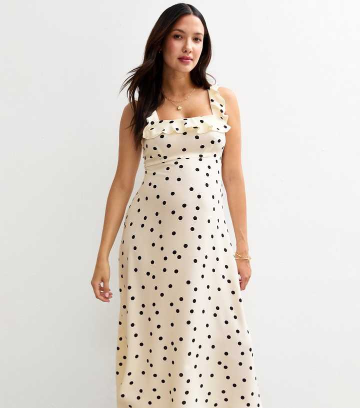 Maternity White Polka Dot Ruffle Trim Midi Dress