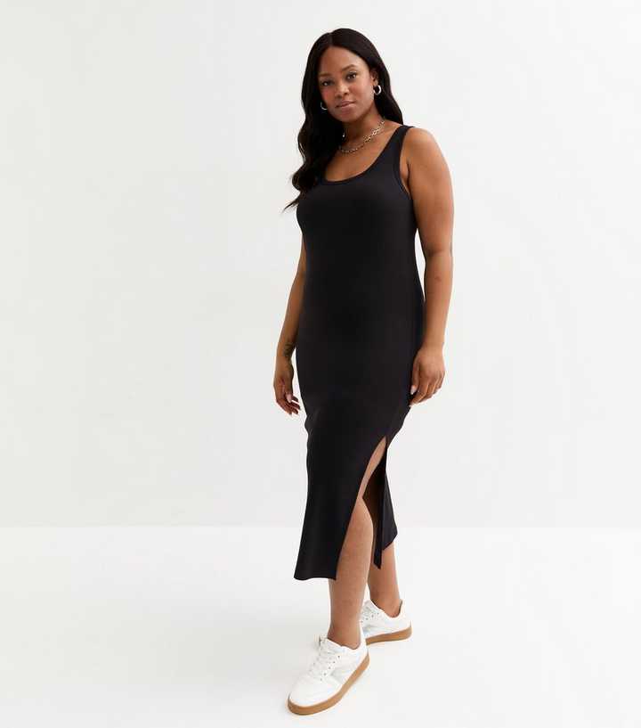 Curves Black Scoop Neck Ribbed Jersey Midi Dress
