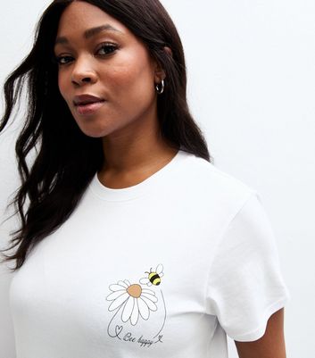 Curves White Bee Happy Print T-Shirt | New Look