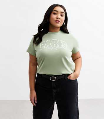 Curves Khaki Green Paris Printed T-Shirt