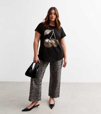 Curves Black Leopard Cherry Print T-Shirt