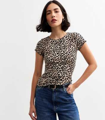 Brown Leopard Print Ribbed Lettuce Trim T-Shirt