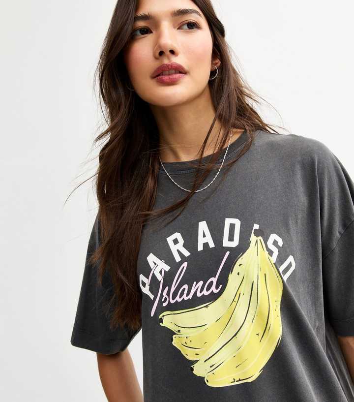 Dark Grey Oversized Banana Print T-Shirt