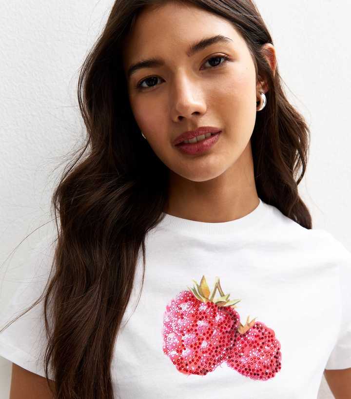 White And Raspberry Color Shirt White Jersey Embellished Raspberry Print T-Shirt | New Look