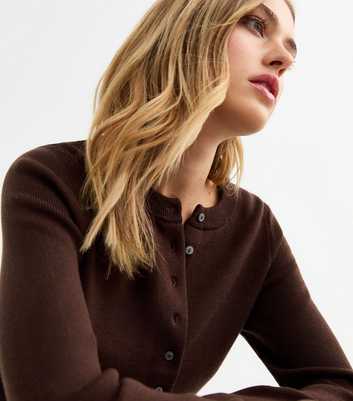 Dark Brown Compact Knit Crew Neck Cardigan