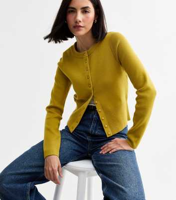 Light Green Compact Knit Crew Neck Cardigan