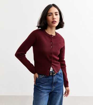Burgundy Compact Knit Crew Neck Cardigan