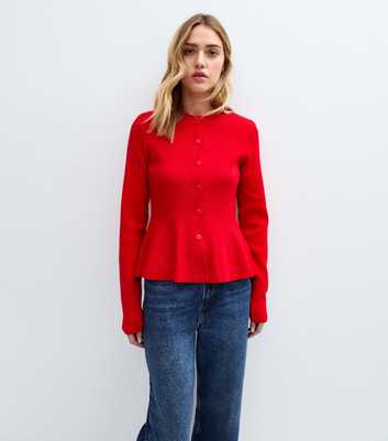 Red Crew Neck Compact Knit Peplum Cardigan