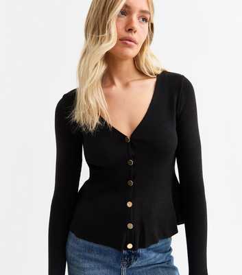 Black Ribbed Peplum Hem Cardigan