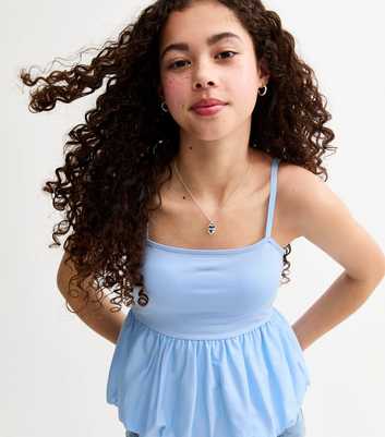 Girls Blue Poplin Babydoll Peplum Hem Top