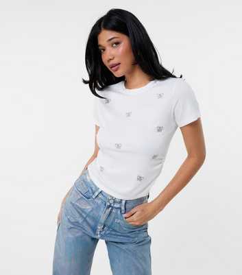 Pink Vanilla Off White Butterfly Embellished Ribbed T-Shirt