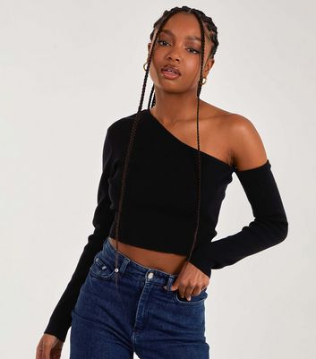 Black one shoulder long sleeve top on sale