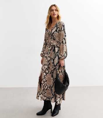 Brown Snake Print Slit Hem Midi Dress