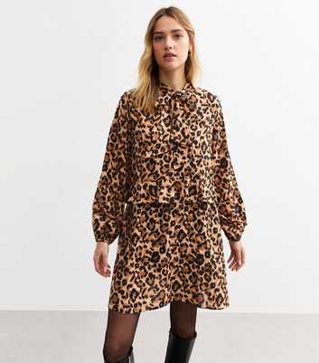 Brown Leopard Print Pussybow Mini Dress