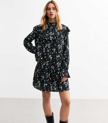 Black Floral Print High Neck Mini Dress