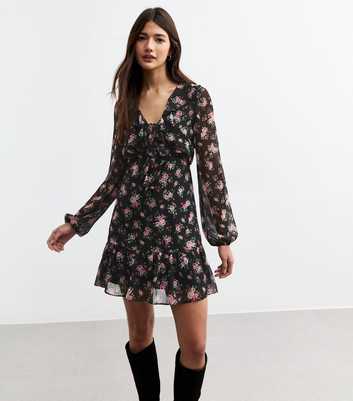 Black Floral Chiffon Long Sleeve Mini Dress