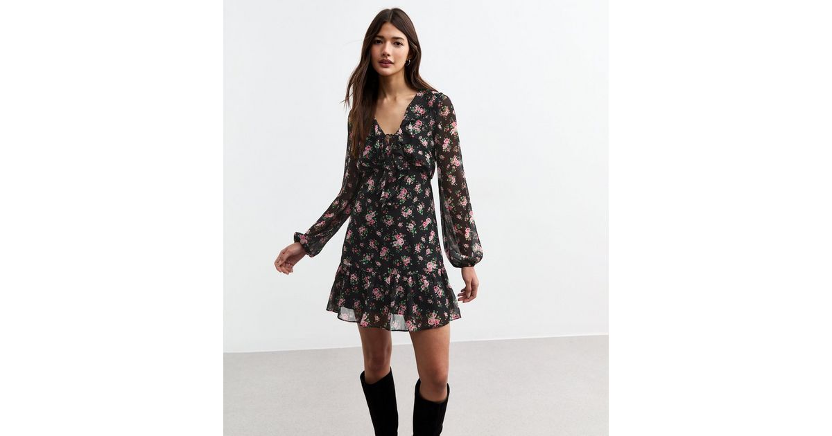 Black Floral Chiffon Long Sleeve Mini Dress | New Look