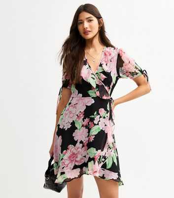 Black Chiffon Floral Print Mini Wrap Dress