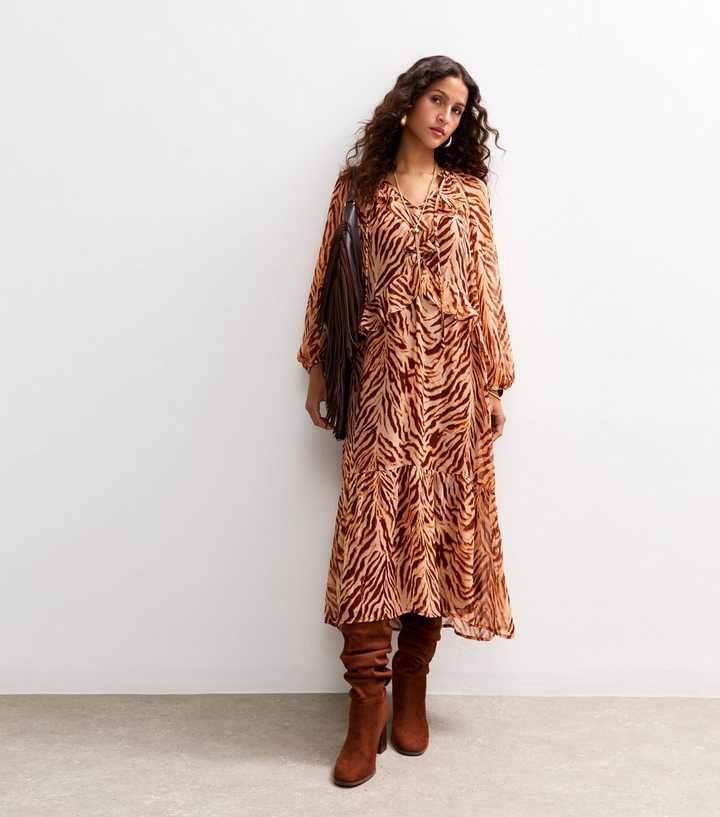 Brown Animal Print Chiffon Midi Dress