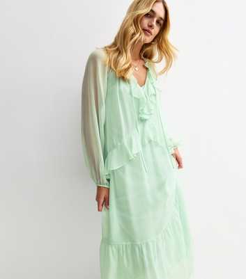 Light Green Frilly Trim Chiffon Midi Dress
