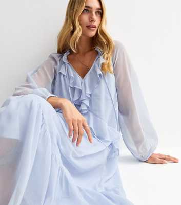 Light Blue Frilly Trim Chiffon Midi Dress