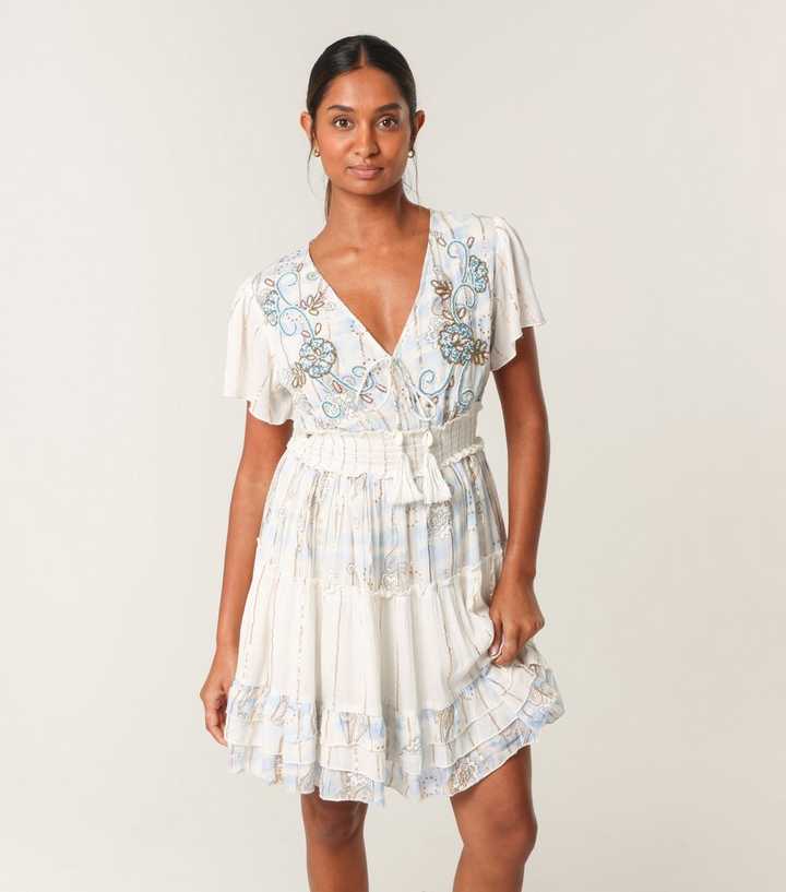 Blue Vanilla White Embroidered V-Neck Dress