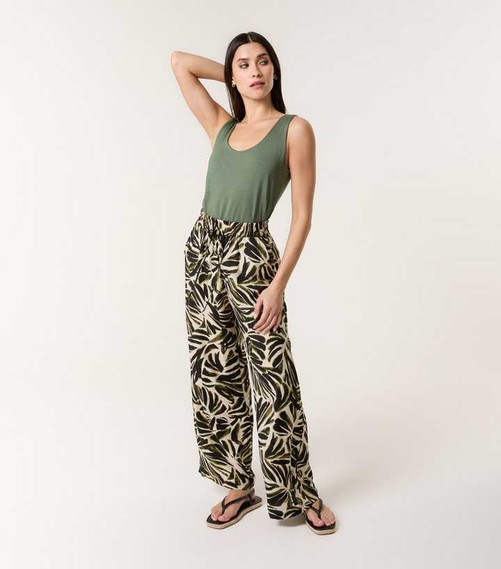 Blue Vanilla Khaki Palm Print Wide Leg Trousers New Look - Main Image