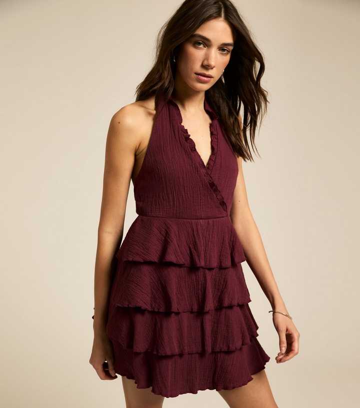 Burgundy Ruffled Halterneck Micro Mini Dress