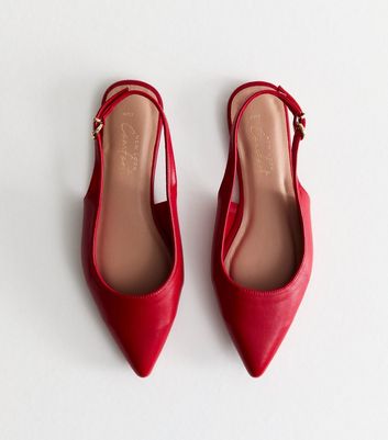 Bright Red Faux Leather Pointed Toe Slingback Ballet Flats New