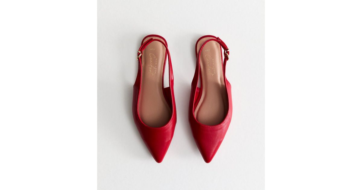 Slingback Flats Red Sling Backs Bright Red Faux Leather Pointed