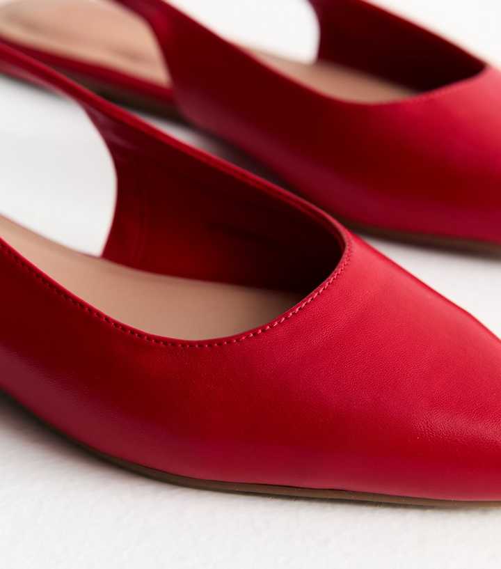 Bright Red Faux Leather Pointed Toe Slingback Ballet Flats