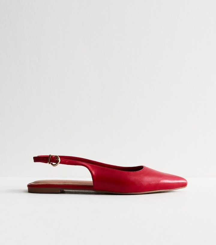 Bright Red Faux Leather Pointed Toe Slingback Ballet Flats