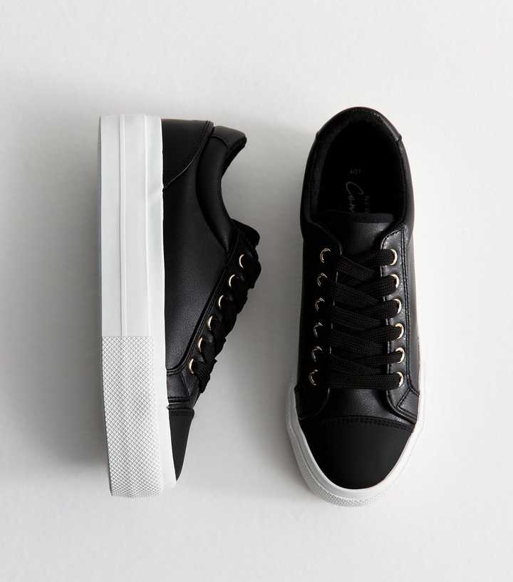 Black Platform Sole Pebbled Faux Leather Trainers