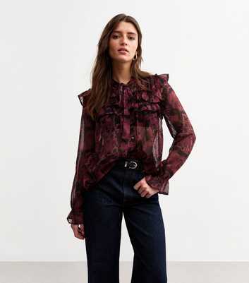 Burgundy Snake Print Ruffled Blouse