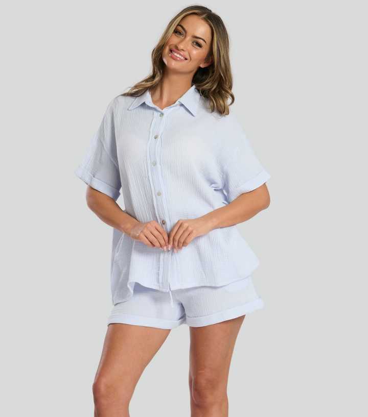 Loungeable Blue Textured Shirt and Shorts Pyjama Set