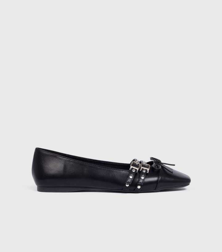 London Rebel Black Faux Leather Studded Ballet Pumps