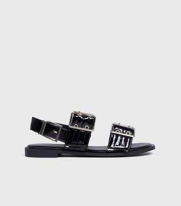London Rebel Black Faux Patent Leather Buckled Sandals