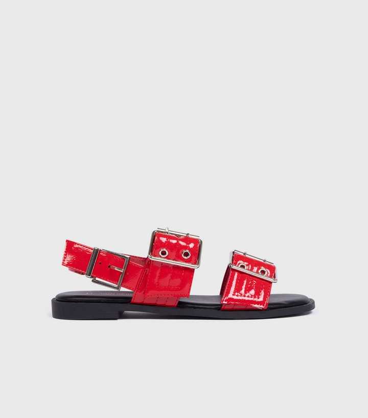 London Rebel Bright Red Faux Patent Leather Buckled Sandals