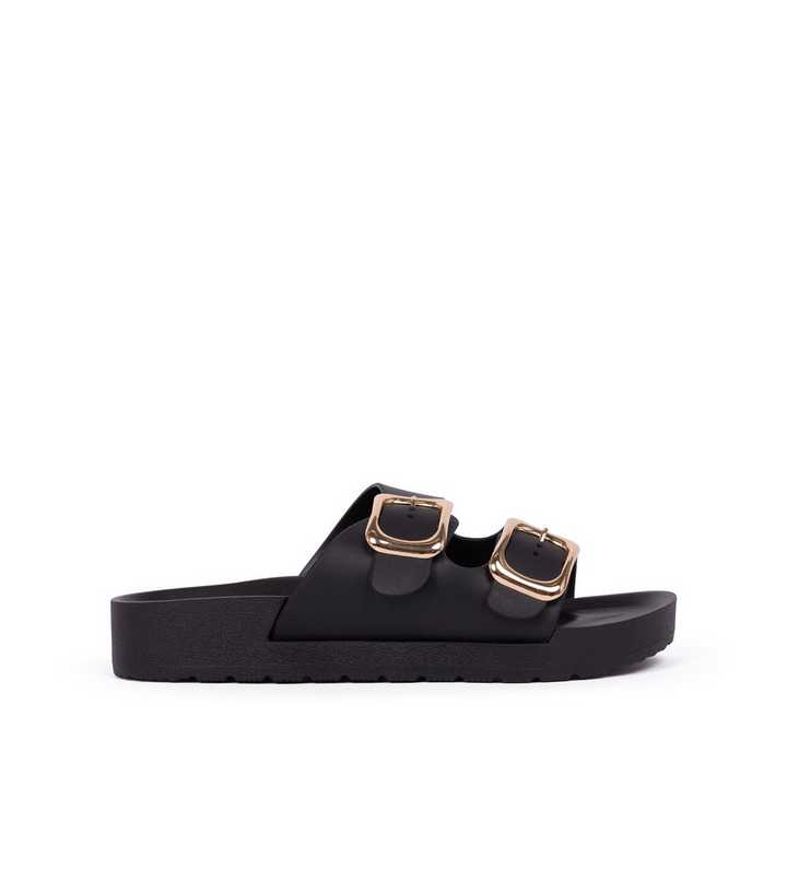 London Rebel Black Faux Leather Flatform Buckle Sandals