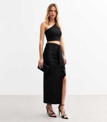 Black Frill Trim Slit Hem Midi Skirt