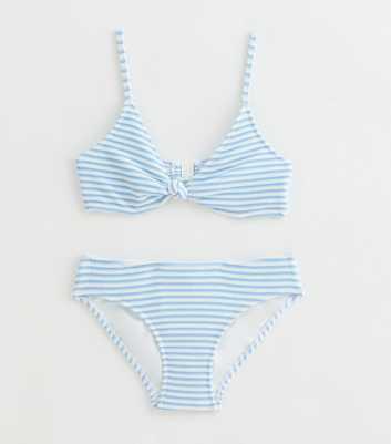 Girls Blue Striped Knotted Bikini