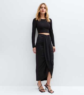 Black Ruched Wrap Midi Skirt