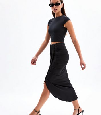 Black Ruched Wrap Midi Skirt