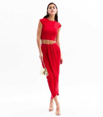 Red Ruched Wrap Midi Skirt