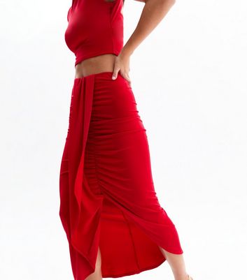 Red Ruched Wrap Midi Skirt | New Look